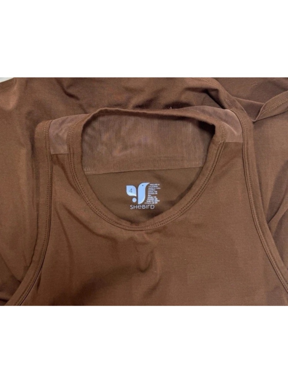 SheBird Flawless Flyback Tank Top Size 4 Brown Built In Bra Mesh Back Scoop Neck - Picture 7 of 8